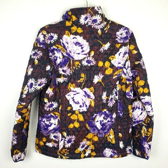 Women's Lands' End Quilted Purple Yellow Floral Leaf Zip Up Jacket Size S-4/6 - Picture 2 of 11